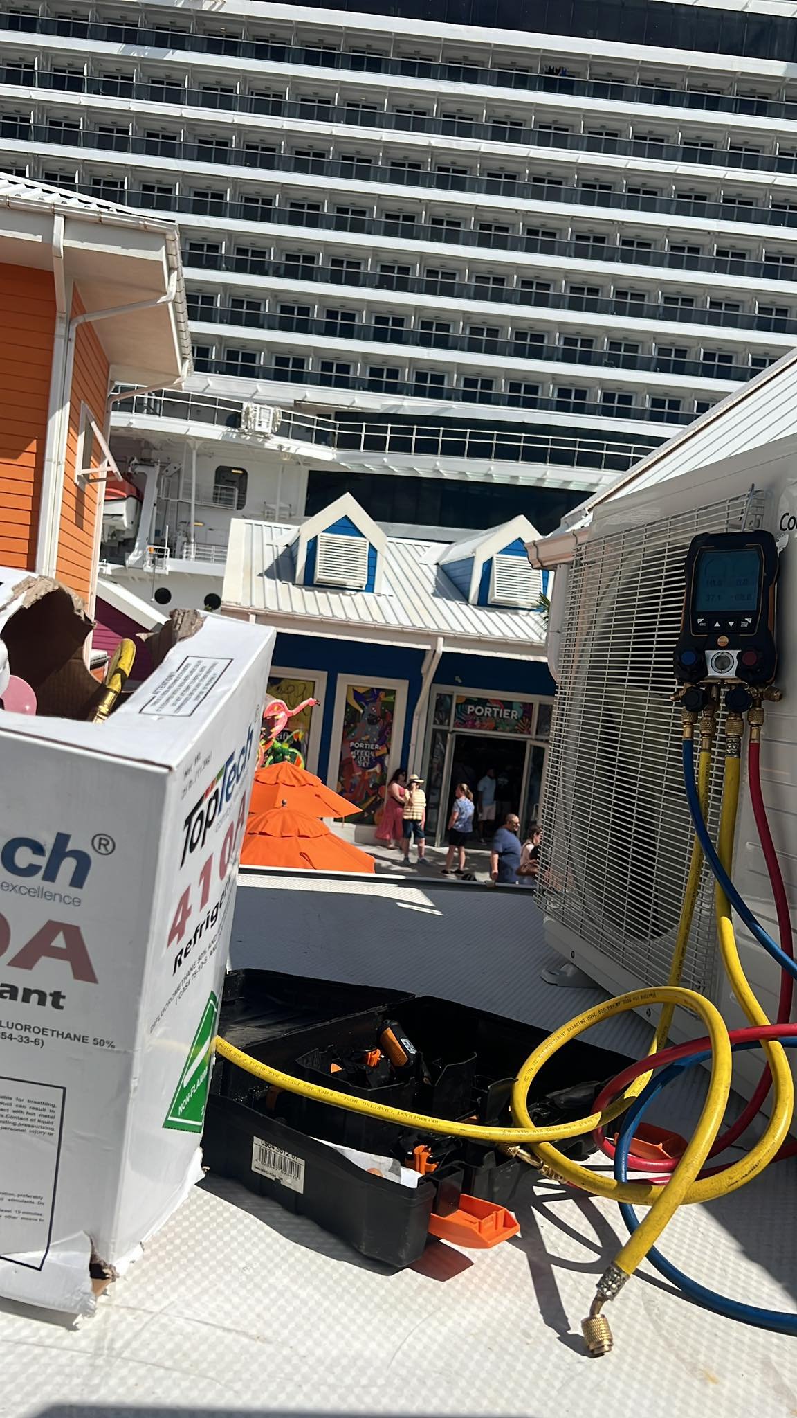 Refrigerant recharge gauges and equipment set up at Nassau Cruise Port